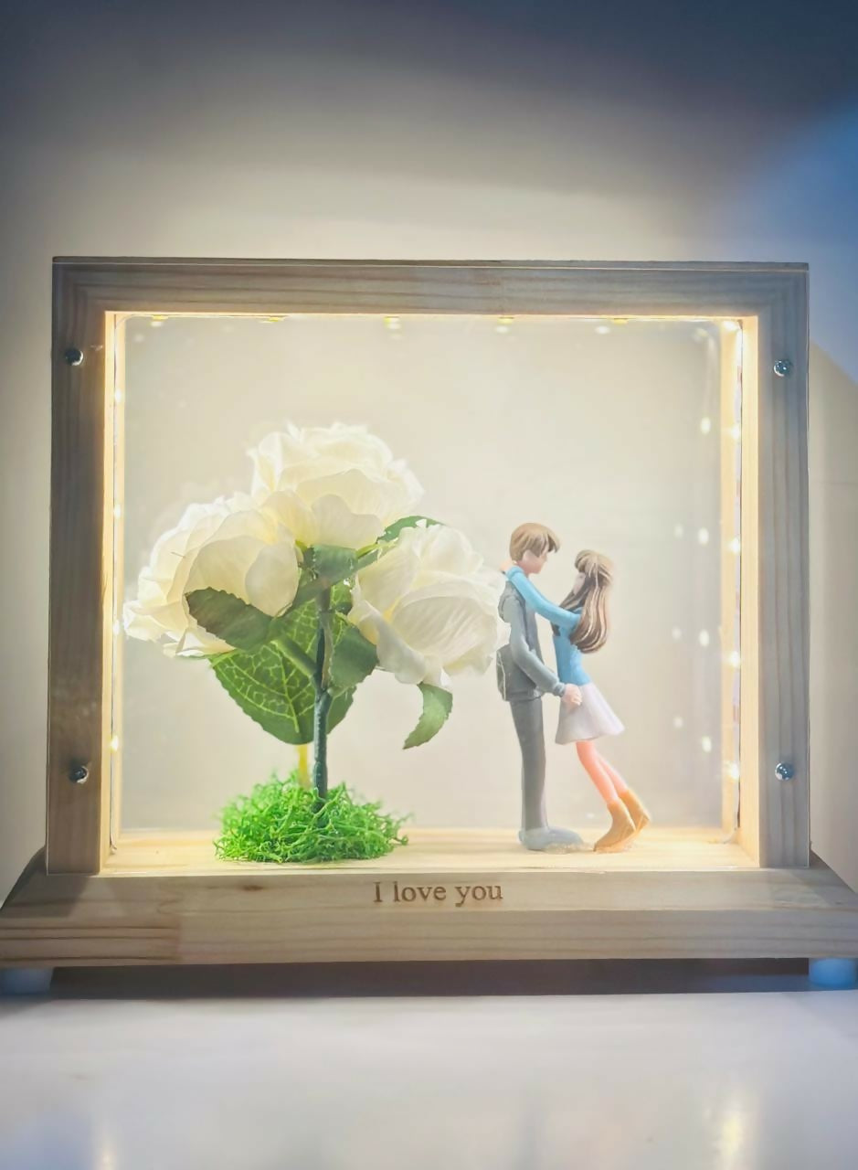 LED Light-Up Wooden Box Frame with Pink Roses & Couple Figurines Romantic Gift