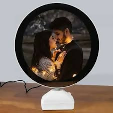 Customized Round LED mirror Photo Frame Lamp with White Base â€“ Personalized Night Light for Couples with Glowing Effect â€“ Romantic Tabletop DÃ©cor Gift for Anniversaries, Weddings, Valentine's Day & Special Occasions