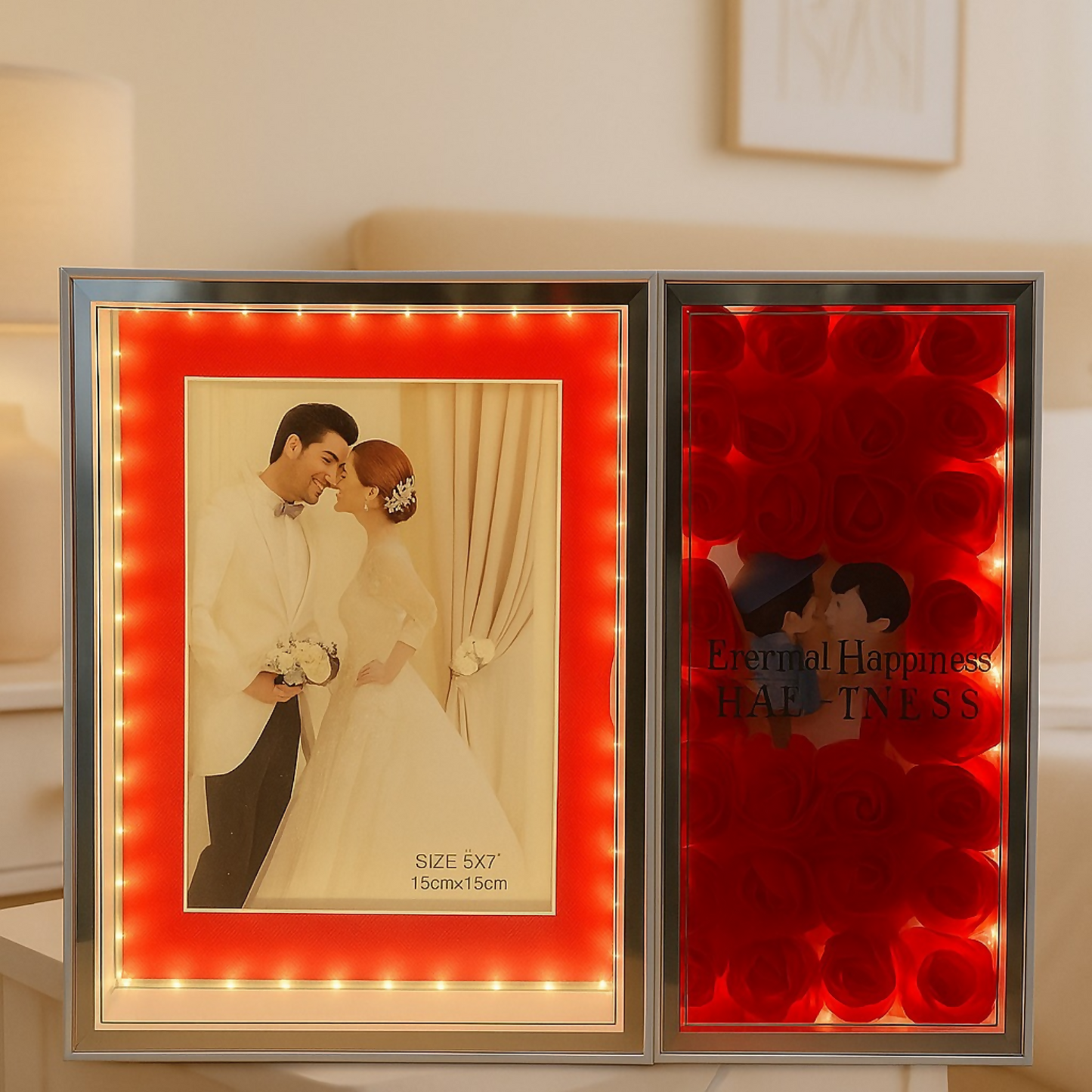 Romantic Dual-Panel LED Photo Frame with Rose Box | Warm Light 5x7 Inch Photo Frame for Couples, Anniversary, Wedding & Home Decor | Illuminated Foldable Love Frame with Artificial Roses â€“ USB Powered Gift for Partner