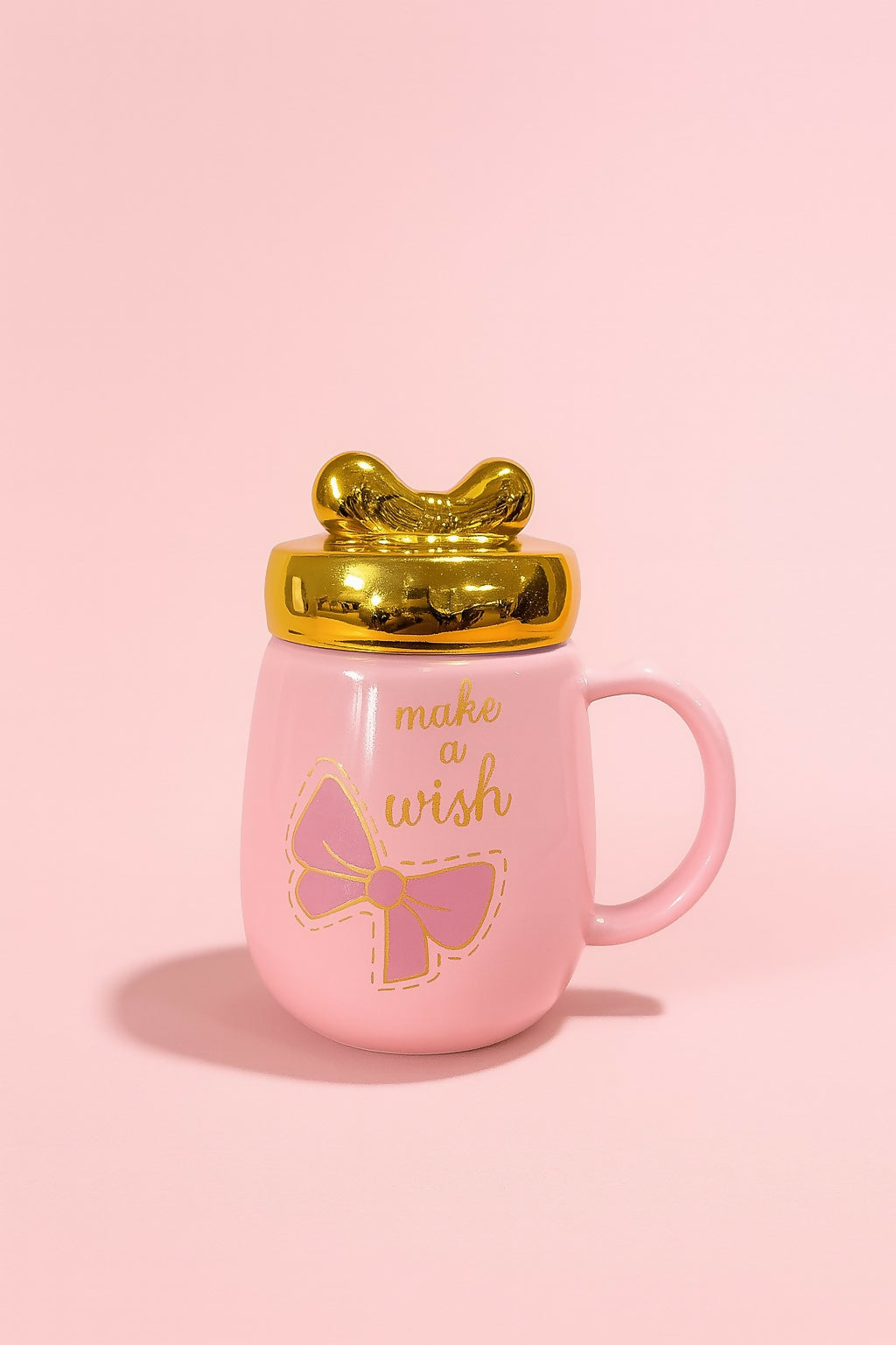 Make a Wish Pink Ceramic Coffee Mug with Golden Lid and Bow Design â€“ 350ml