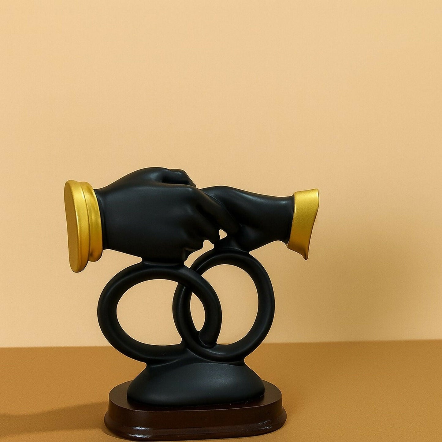 Luxury Black & Gold Handshake Figurine with Interlocked Rings & Floral Base | Romantic Couple Holding Hands Showpiece for Home DÃ©cor, Wedding Gift, Anniversary Gift, Office Desk & Living Room Decoration