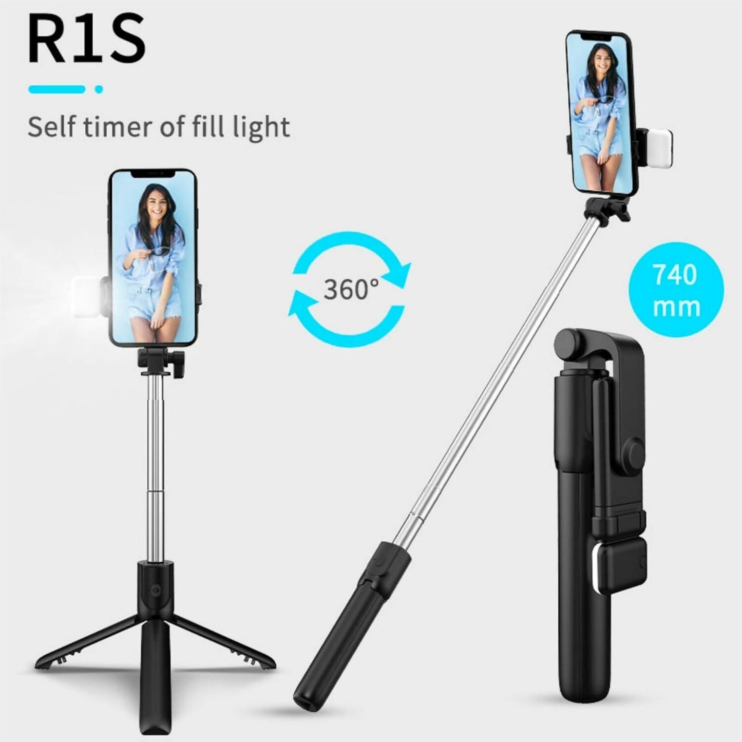 RLS 3-in-1 Selfie Stick Tripod with Detachable Wireless Remote & LED Fill Light for Smartphones â€“ Extendable Portable Selfie Stick Stand with Adjustable Phone Holder for Selfies, Vlogging, Video Calls & Travel