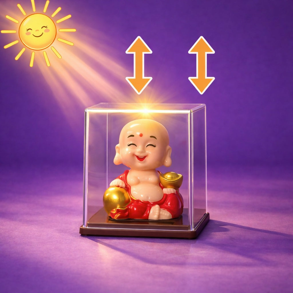Solar Laughing Buddha Bobble Head with Moving Head Display Case (1 Piece)